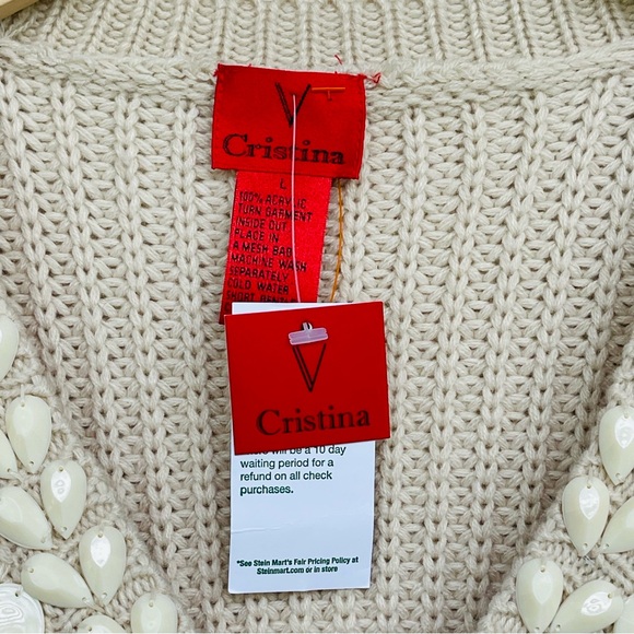 V Cristina Knit Sweater Embellished 3/4 Bell Sleeve V-Neck Beige Hi-low Hem - Picture 8 of 10